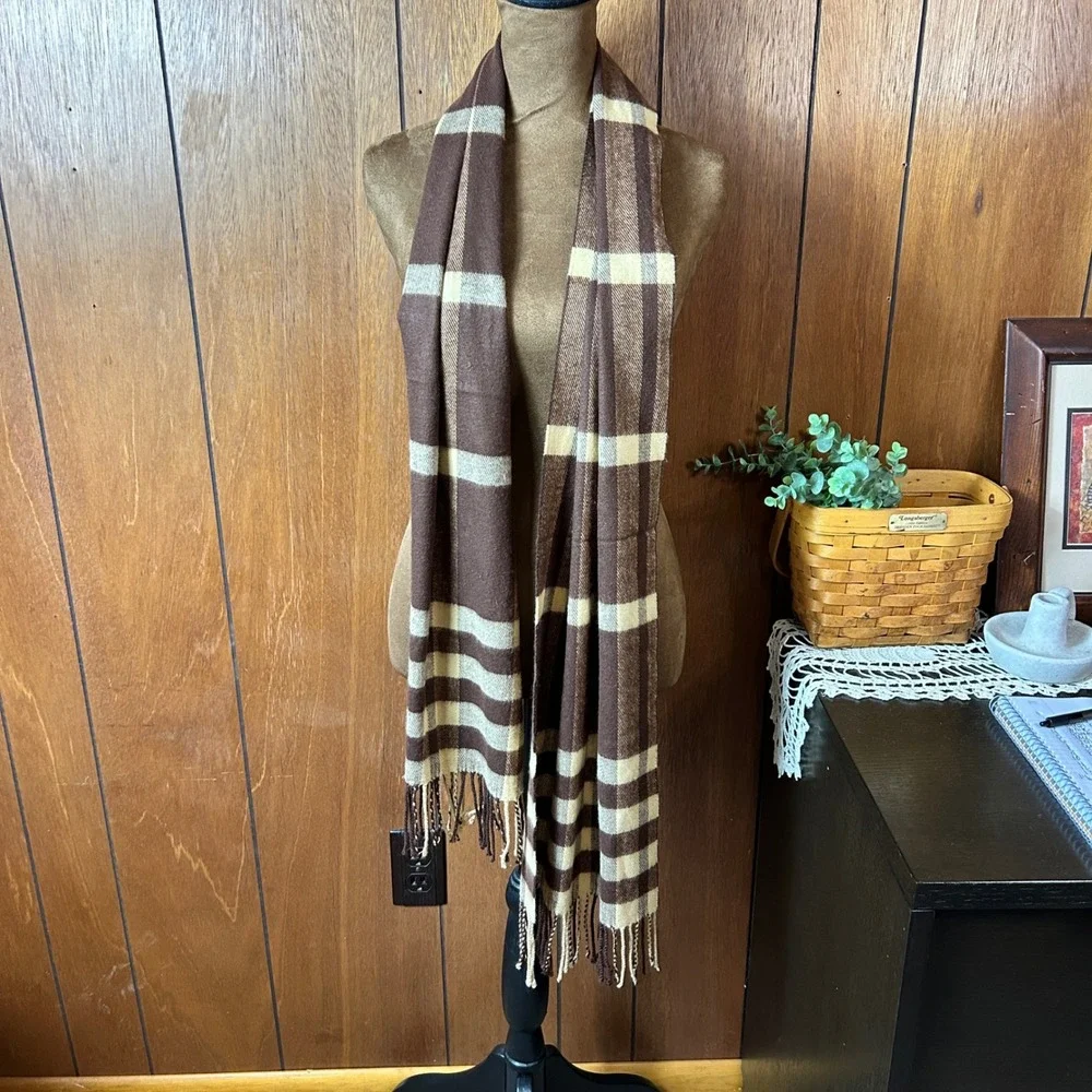 Brown Beige Plaid Scarf Fringe Wool Blend Cozy Winter Warm Accessory‎